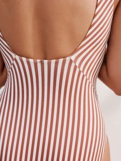 Next - Maillot de bain plongeant et galbant avec contrôle du ventre Rose/blanc rayé Online