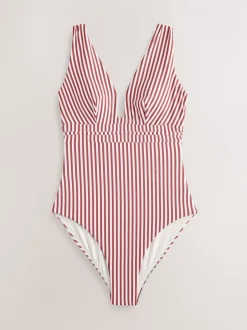 Next - Maillot de bain plongeant et galbant avec contrôle du ventre Rose/blanc rayé Online