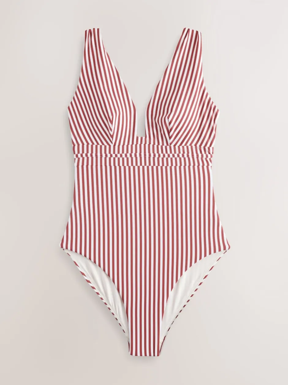 Next - Maillot de bain plongeant et galbant avec contrôle du ventre Rose/blanc rayé Online