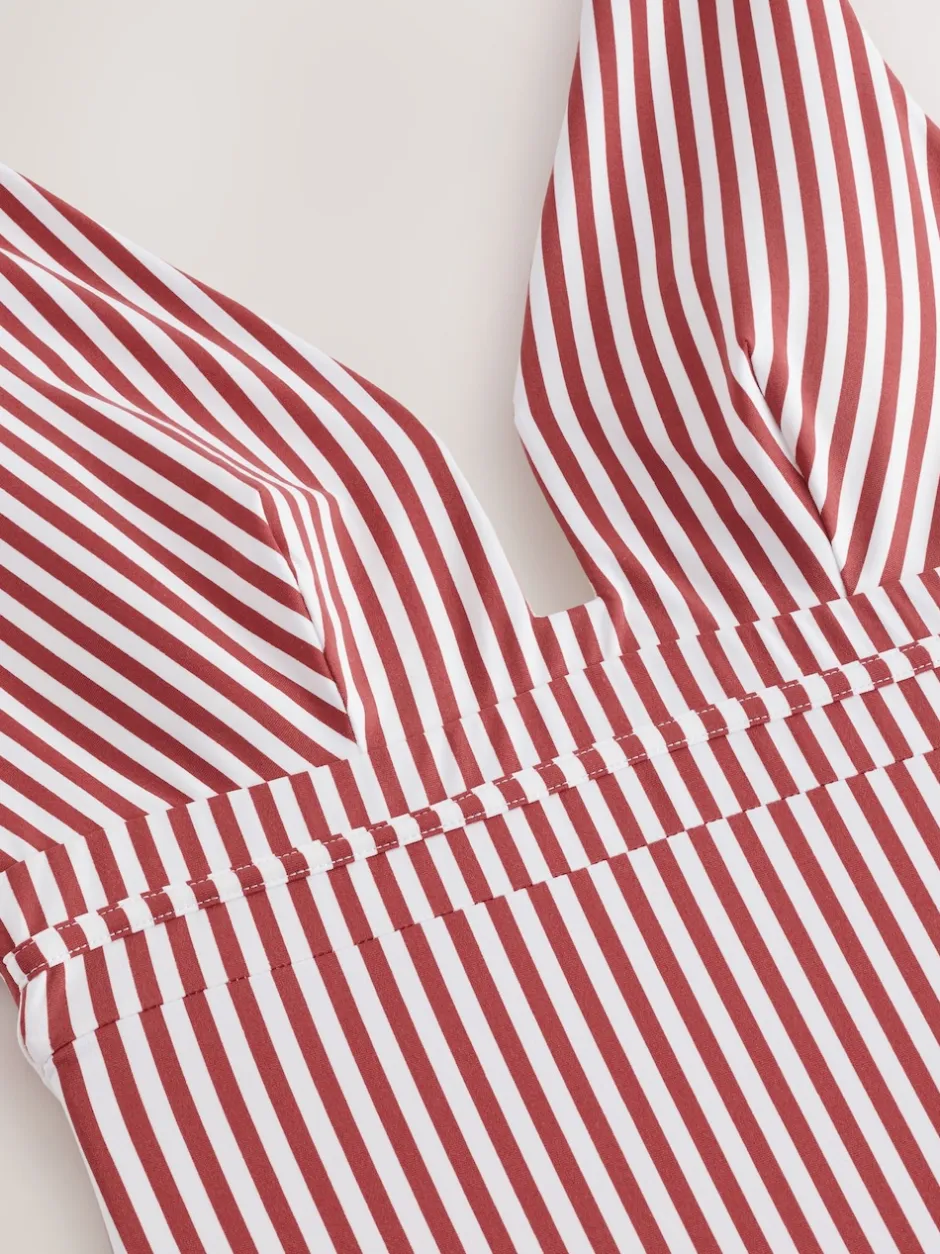 Next - Maillot de bain plongeant et galbant avec contrôle du ventre Rose/blanc rayé Online