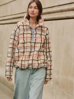 Next - Polaire douce en polaire en peau de mouton à col zippé Rose/écru à carreaux Best