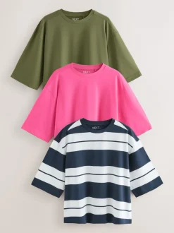 Next Rose/Kaki/Rayure - Lot 3 t-shirts col ras du cou 100% coton longueur coude Outlet