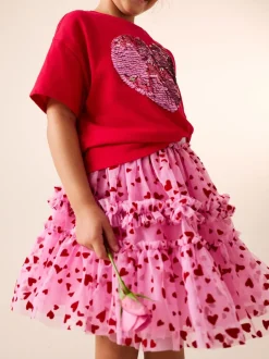 Next Rose/rouge motif cœurs - Jupe en maille à enfiler (3-16ans) Clearance