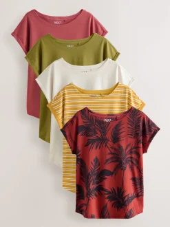 Next Rose/vert/blanc/jaune rayé/imprimé palmier - Lot de 5 T-shirts à mancherons Hot