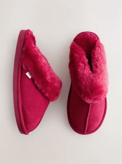 Next - Chaussons mules en daim doublés de fausse fourrure Rouge