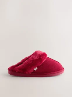 Next - Chaussons mules en daim doublés de fausse fourrure Rouge