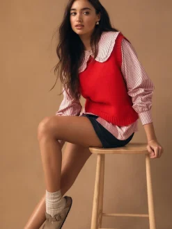 Next Rouge à fines rayures - Débardeur en maille à col volanté Online