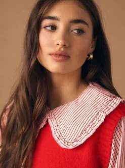 Next Rouge à fines rayures - Débardeur en maille à col volanté Online