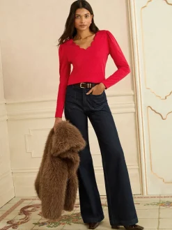 Love & Roses - Haut en jersey à manches longues et col en V festonné Rouge Outlet