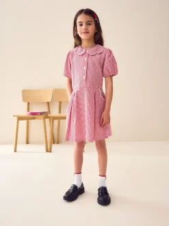 Next Rouge - Robe d'école Vichy à col festonné Cotton Rich (3-14ans) Clearance