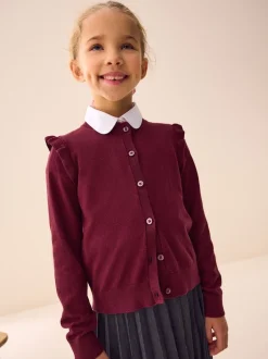 Next - Cardigan d'école à épaules volantées en coton riche (3-16ans) Rouge bordeaux New