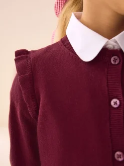 Next - Cardigan d'école à épaules volantées en coton riche (3-16ans) Rouge bordeaux New