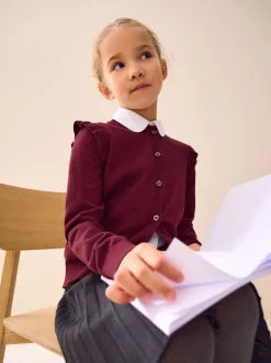 Next - Cardigan d'école à épaules volantées en coton riche (3-16ans) Rouge bordeaux New