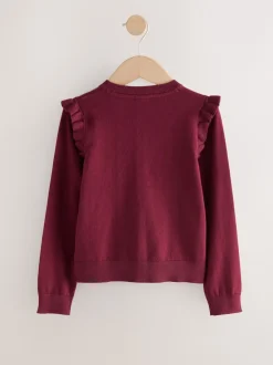 Next - Cardigan d'école à épaules volantées en coton riche (3-16ans) Rouge bordeaux New