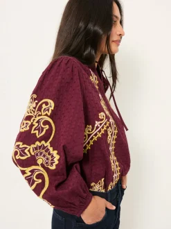 Fat Face Rouge bordeaux - Chemisier FatFace Garratt brodé à col en V Clearance