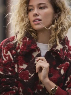 Next Rouge bordeaux à fleurs - Sweat-shirt en polaire jacquard Teddy Borg à quart de zip