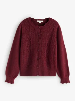 Laura Ashley Rouge bordeaux - Cardigan boutonné pointelle et festoncles avec une touche de laine Sale