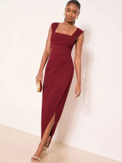 Lipsy Rouge bordeaux - Robe longue froncée à manches courtes et col carré New