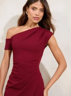Lipsy Rouge bordeaux - Robe mi-longue à taille froncée et à épaules découvertes New