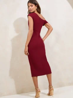 Lipsy Rouge bordeaux - Robe mi-longue à taille froncée et à épaules découvertes New