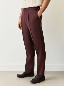 Next Rouge bordeaux - Pantalon élégant en mélange de laine coupe régulière avec lin et ajusteurs latéraux fonctionnels New