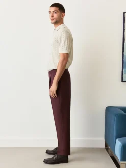 Next Rouge bordeaux - Pantalon élégant en mélange de laine coupe régulière avec lin et ajusteurs latéraux fonctionnels New