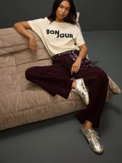 Next Rouge bordeaux - Pantalons en velours côtelé à jambe large avec écharpe Sale