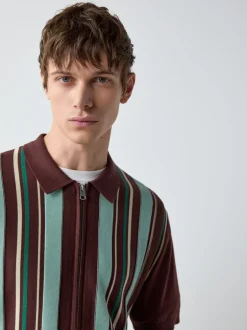 Next Rouge bordeaux - Polo en maille zippé à manches courtes coupe classique à rayures