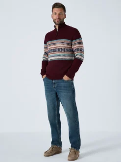 Next Rouge bordeaux - Pulls à encolure zippée à motif Fair Isle avec un bloc poitrine coupe classique New