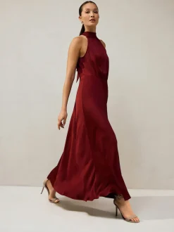 Next - Texture Satin Licol Sans manches Mi-long Robe Rouge bordeaux Hot