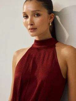 Next - Texture Satin Licol Sans manches Mi-long Robe Rouge bordeaux Hot