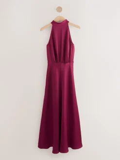 Next - Texture Satin Licol Sans manches Mi-long Robe Rouge bordeaux Hot