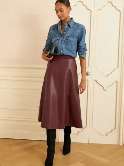 Love & Roses Rouge cerise - Jupes mi-long ajustées et flamboyantes en faux cuir Sale