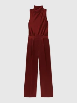 Reiss Rouge foncé - Combinaison Cape Farah en satin à ceinture