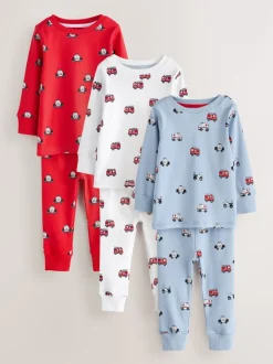 Next - Lot de 3 pyjamas Snuggle courts (9mois-10ans) Rouge foncé/bleu motif véhicule d'urgence Sale