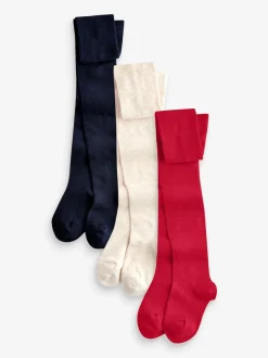 Next Rouge Navy Bleu et Cream - Lot de 3 paires de collants en coton riche Clearance