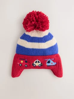 Next Rouge/bleu motif véhicules d'urgence - Bonnet à pompon avec oreilles (3mois -10ans) Discount