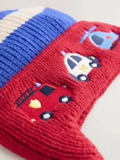 Next Rouge/bleu motif véhicules d'urgence - Bonnet à pompon avec oreilles (3mois -10ans) Discount