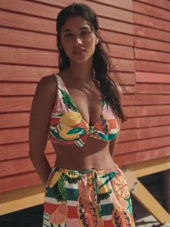 Next Rouge/Vert Tropical - Haut de bikini plongeant DD+ noué sur le devant