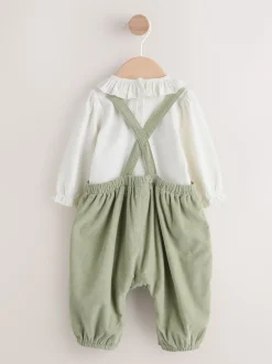 Next Sauge Vert brodée - Body à Manches longues et salopette en Velours côtelé Ensemble Bébé 2 Pieces (0mois-3ans) Clearance