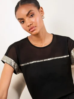 Lipsy Sequins Or en maille Noir - T-shirt col rond Outlet