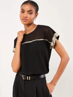 Lipsy Sequins Or en maille Noir - T-shirt col rond Outlet