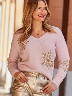 Sosandar pull flocon de neige en maille duveteuse à sequins Clearance