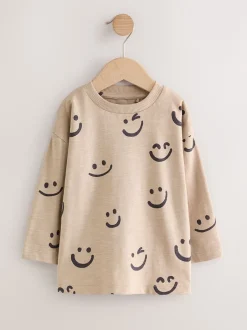 Next Sourire Beige Sable - T-shirt imprimé manches longues 100% coton (3mois-7ans) Sale