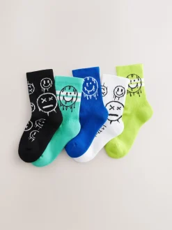Next - Cushioned Semelle intérieure Cotton Rich Ribbed Tipped Chaussettes 5 Lot Sourire graffiti bleu/vert Hot