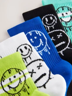 Next - Cushioned Semelle intérieure Cotton Rich Ribbed Tipped Chaussettes 5 Lot Sourire graffiti bleu/vert Hot