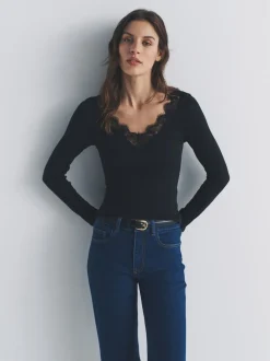 The Set lot de 4 T-shirts à manches longues côtelés Col en V  avec bordure en dentelle Sale