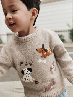 Next Ton neutre motif chiens - Pull col rond en maille (3mois-7ans) Sale