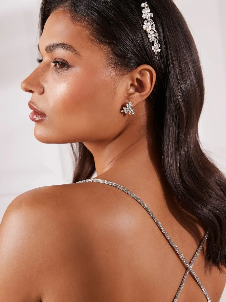 Next Tonalité argentée - Pince à cheveux Barrette à fleurs scintillantes de mariée