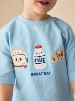 Next - T-shirt appliqué Manches courtes (3mths-7yrs) Trio petit-déjeuner bleu clair Sale